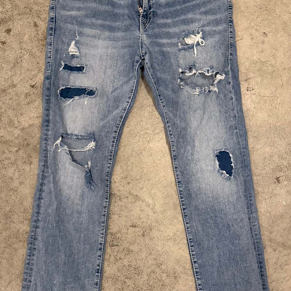 True Religion Ricky Relaxed Straight Jeans Men's Size 36 Distressed Light Wash